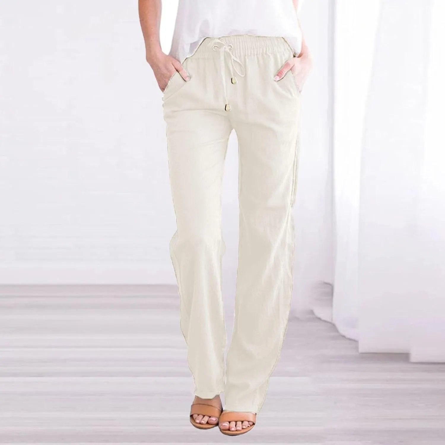 Women's Cotton Linen Summer Palazzo Pants Flowy Wide Leg Beach Trousers with Pockets Spring Outfits 2025