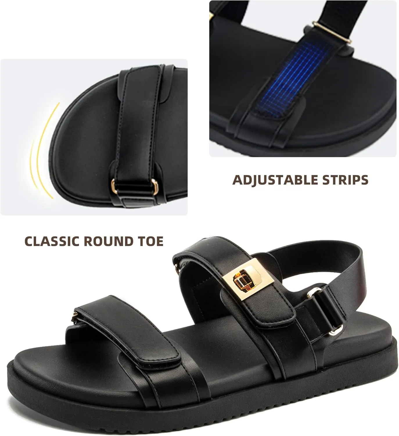 Women's Flat Sandals Adjustable Double Strap Slide Sandals Open Toe Slip on Shoes Resistant Leather Footbed Comfort Sandals Dressy for Summer Beach Vacation
