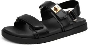 Women's Flat Sandals Adjustable Double Strap Slide Sandals Open Toe Slip on Shoes Resistant Leather Footbed Comfort Sandals Dressy for Summer Beach Vacation