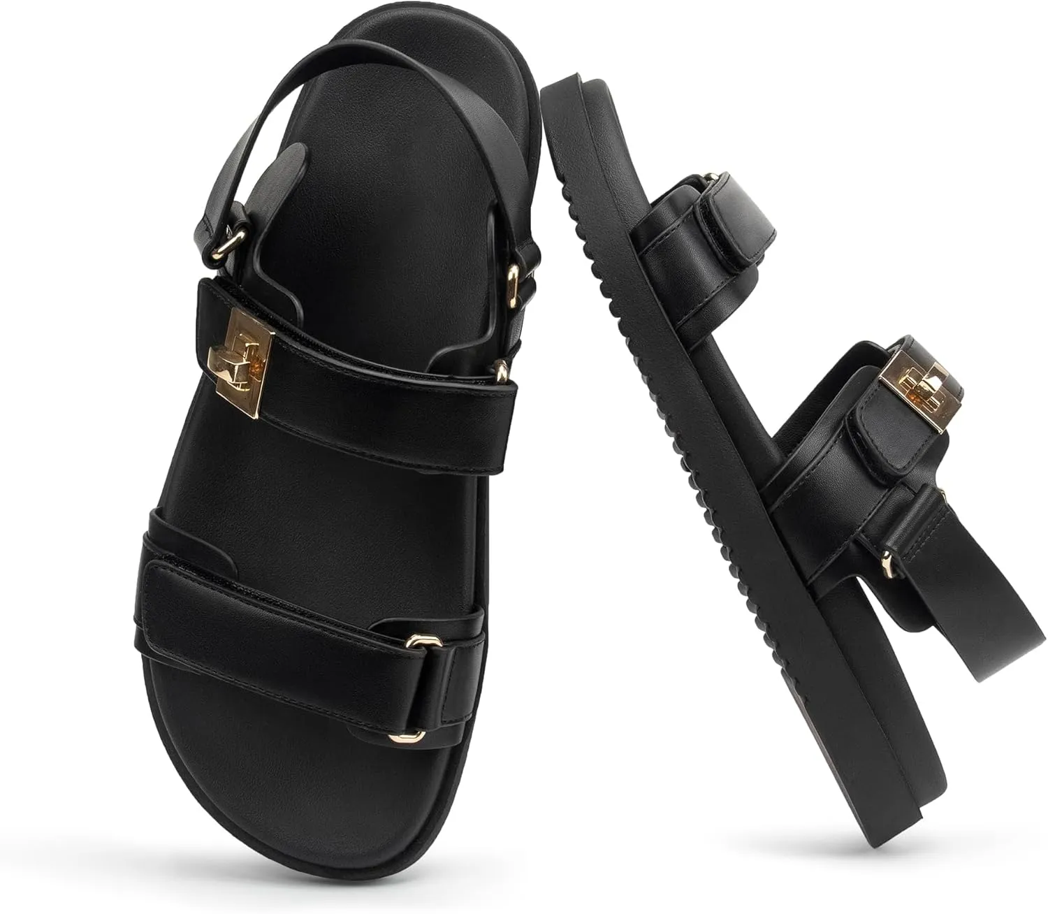 Women's Flat Sandals Adjustable Double Strap Slide Sandals Open Toe Slip on Shoes Resistant Leather Footbed Comfort Sandals Dressy for Summer Beach Vacation
