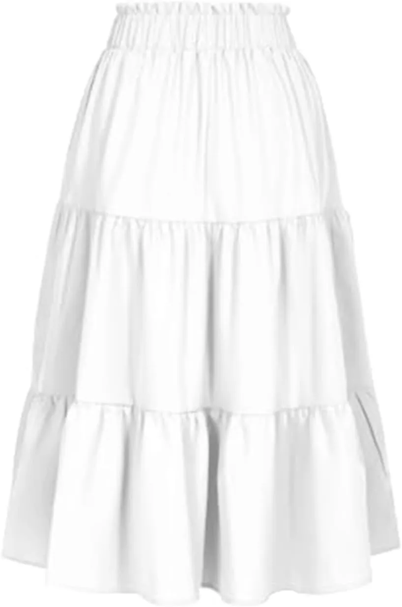 Women's High Elastic Waist Midi Skirt Casual Summer Trendy Tie Front Flowy Ruffle Floral Print A line Skirts 626