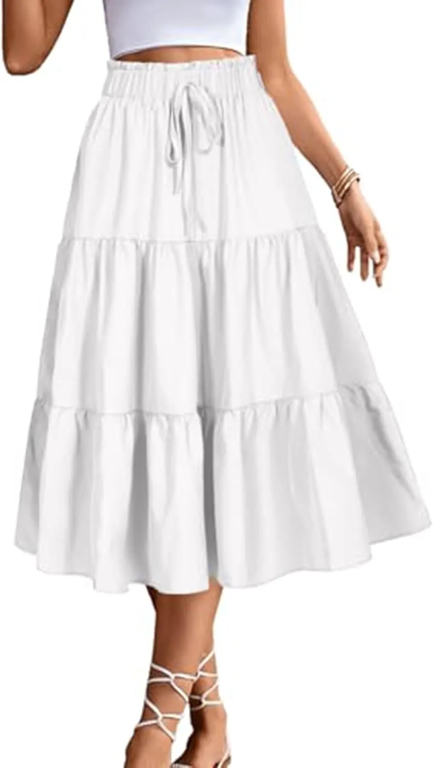 Women's High Elastic Waist Midi Skirt Casual Summer Trendy Tie Front Flowy Ruffle Floral Print A line Skirts 626