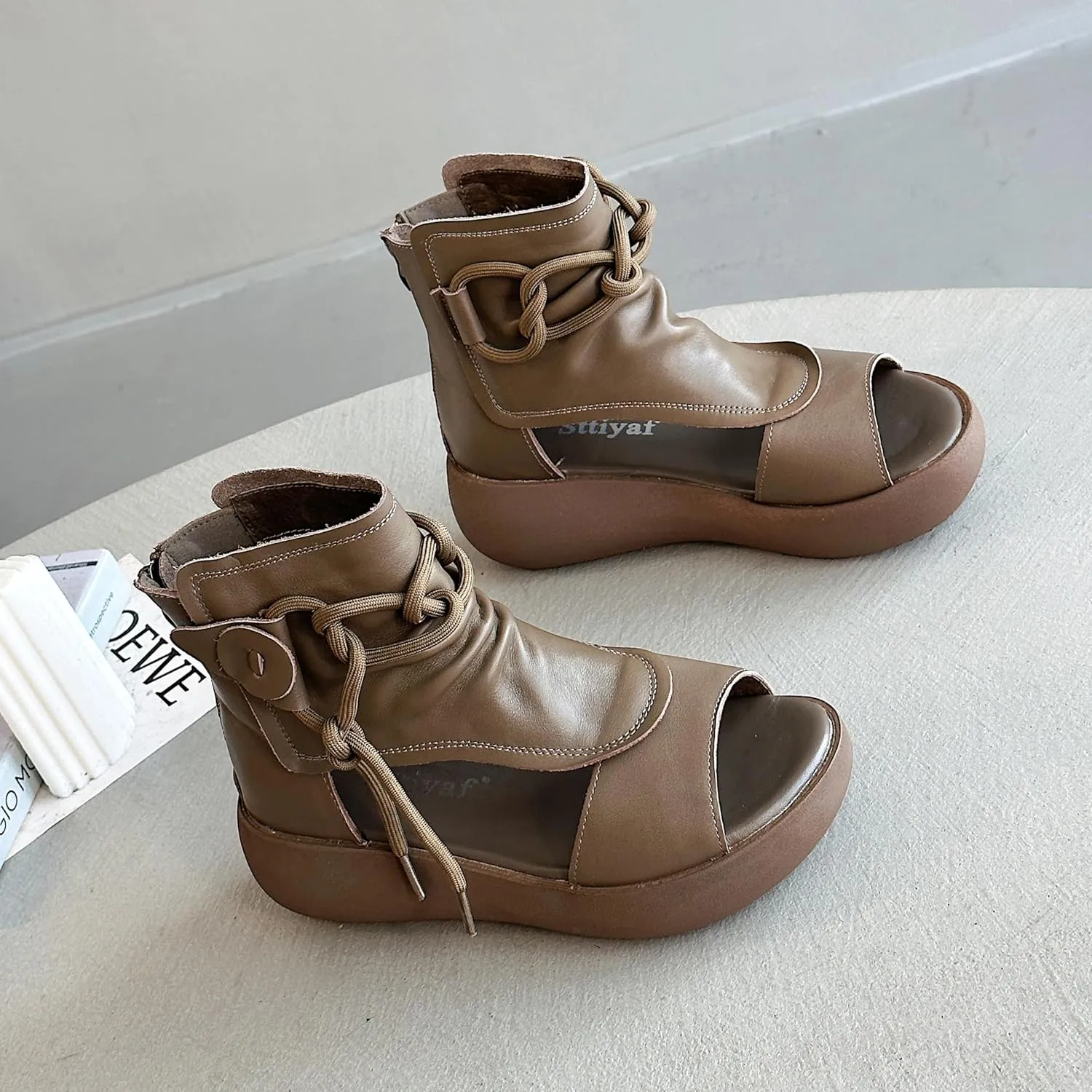 Women's High Top Leather Sandals Open Toe Boot Sandals for Women