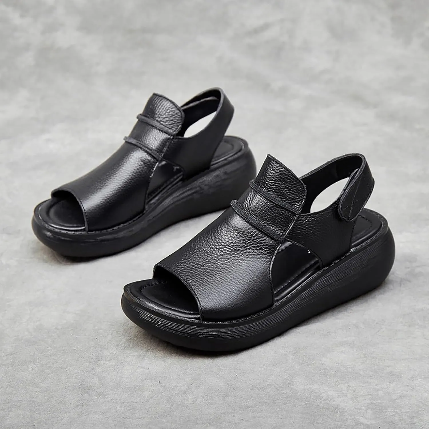 Women's Hook Loop Slingback Wedge Platform Sandals,Comfortable Soft Leather Roman Sandals Casual Peep Toe Slip on Walking Heeled Sandals