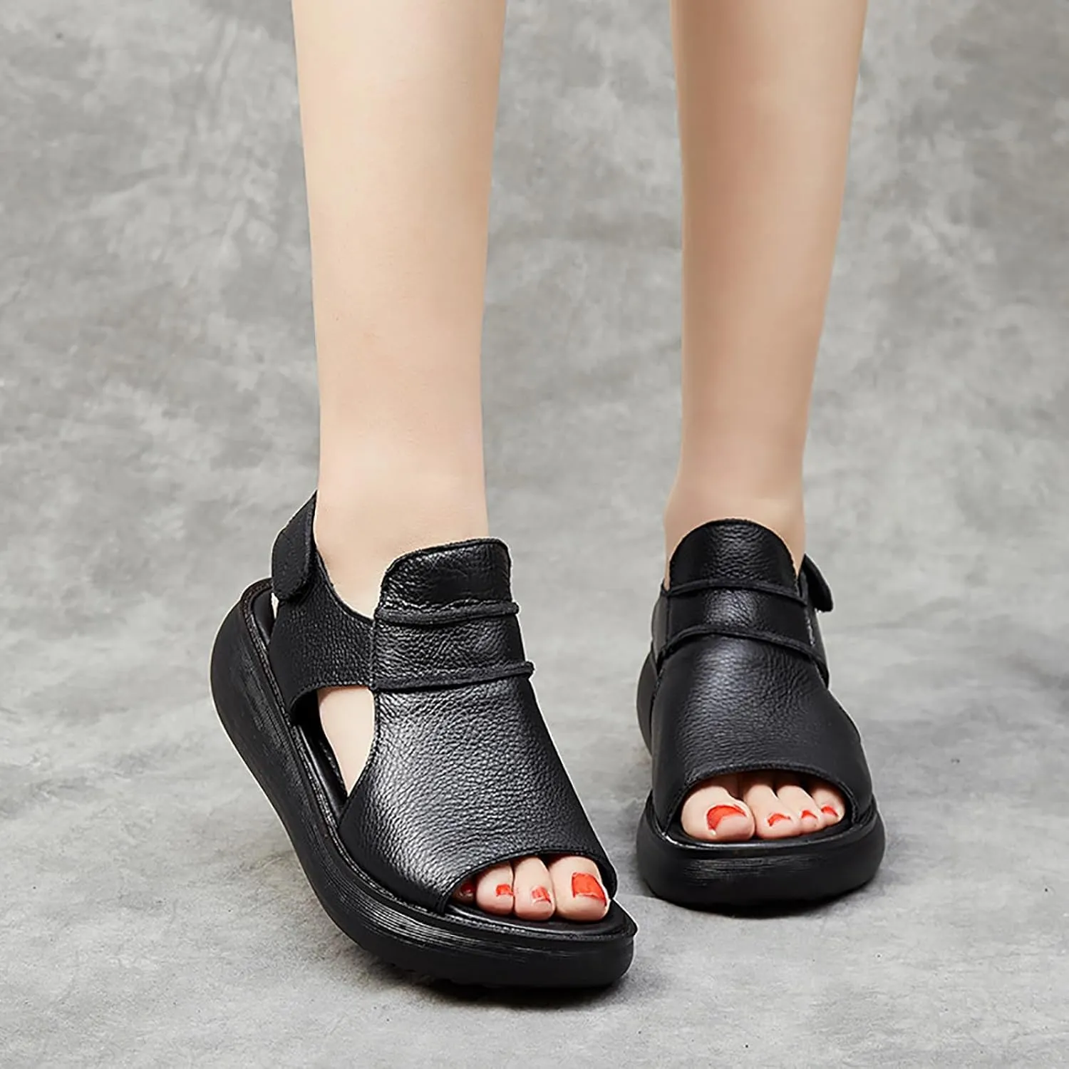 Women's Hook Loop Slingback Wedge Platform Sandals,Comfortable Soft Leather Roman Sandals Casual Peep Toe Slip on Walking Heeled Sandals