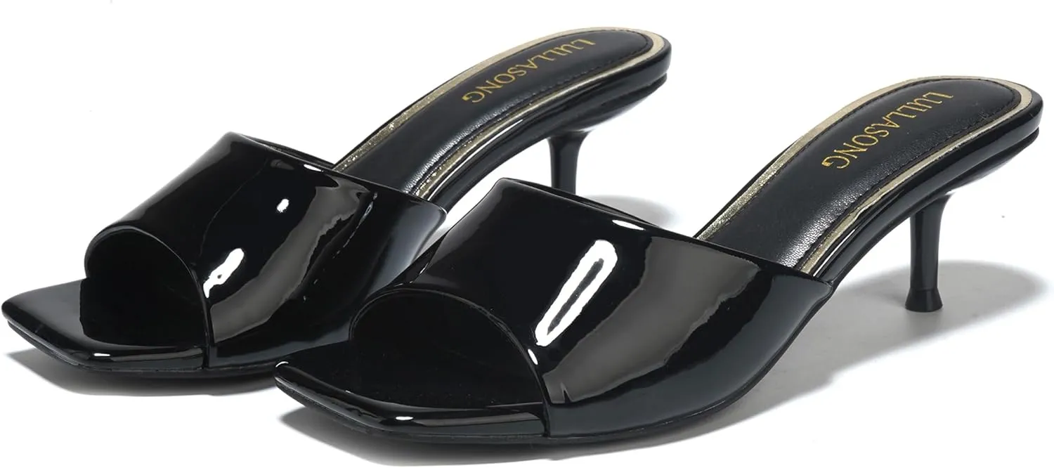 Women's Kitten Heels Sandals Low Heels Slip On Slides 2 Inch Heeled Square Open Toe Sandals for Women
