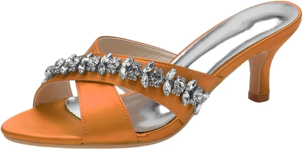 Women's Open Toe Kitten Heel Sandals Rhinestone Wedding Shoes Cross Strap Heels 6cm Bride Party Dress Evening Rhinestone Outdoor Slipper, orange, 5.5