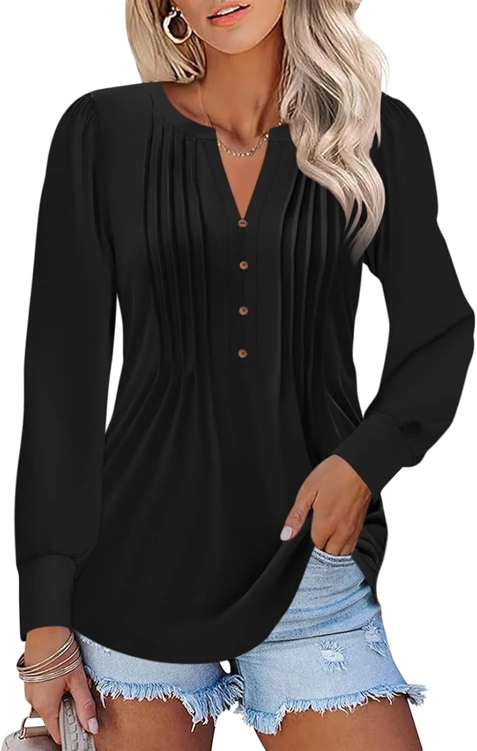 Women's Puff Long Sleeve Tops Pleated V Neck T Shirts Henley Tops Button Tunic Blouses