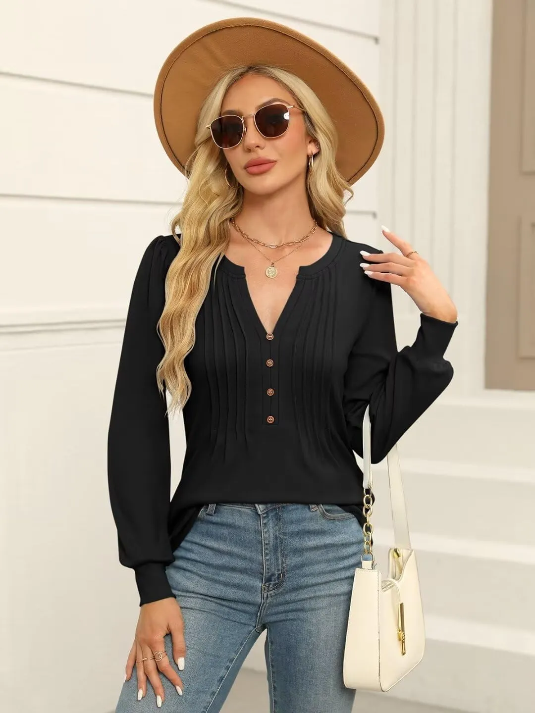 Women's Puff Long Sleeve Tops Pleated V Neck T Shirts Henley Tops Button Tunic Blouses
