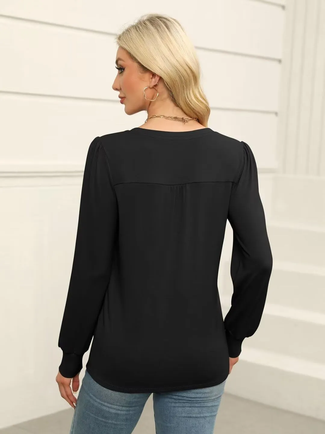 Women's Puff Long Sleeve Tops Pleated V Neck T Shirts Henley Tops Button Tunic Blouses