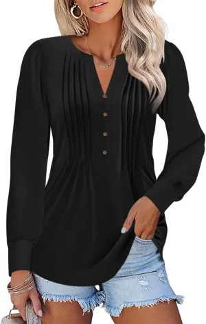 Women's Puff Long Sleeve Tops Pleated V Neck T Shirts Henley Tops Button Tunic Blouses