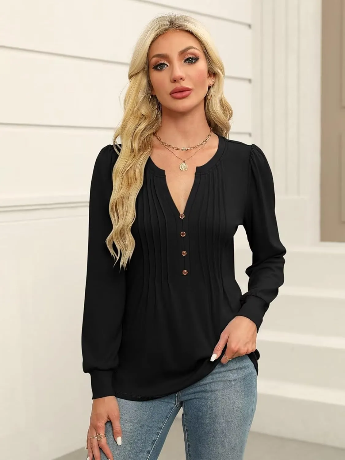 Women's Puff Long Sleeve Tops Pleated V Neck T Shirts Henley Tops Button Tunic Blouses