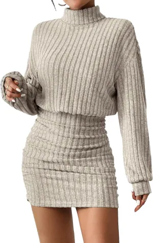 Women's Pullover Sweater Dress Long Lantern Sleeve Turtle Neck Cute Ribbed Knit Bodycon Mini Short Dress 2024 Fall