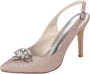 Womens Rhinestone Slingbacks Wedding Court Shoes 9.5CM Pointed High Heels Work Job Bride Dress Glitter