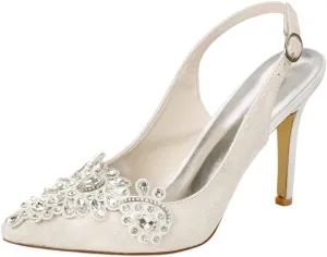 Womens Rhinestone Slingbacks Wedding Court Shoes 9.5CM Pointed High Heels Work Job Bride Dress Lace