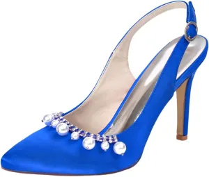 Womens Rhinestone Slingbacks Wedding Court Shoes 9.5CM Pointed High Heels Work Job Bride Dress Unique Pearl