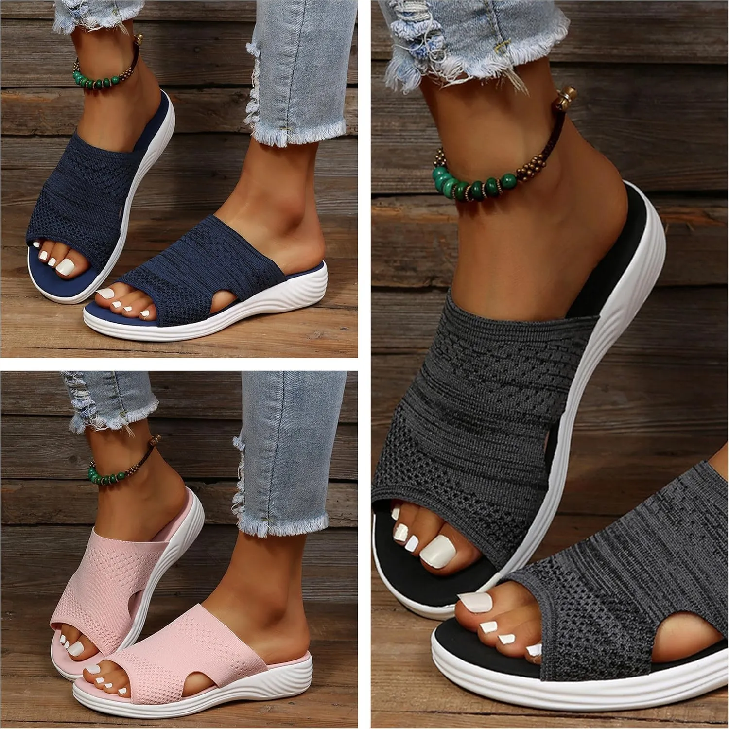 Women's Sandals Women's Casual Mesh Knit Sandals Outdoor Garden Wide Walking Slippers Solid Color Breathable Open Toe Slip-On Slippers
