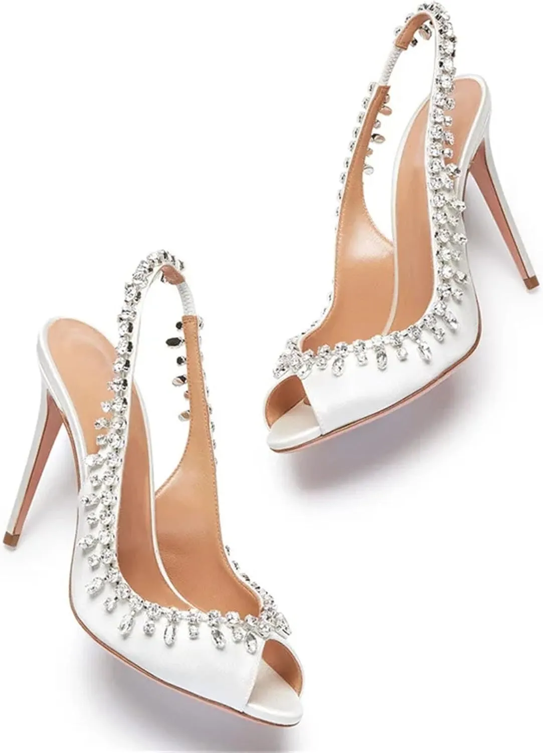 Women's Satin Crystal Strap Sandals, Slingback Stiletto Wedding Party Heels