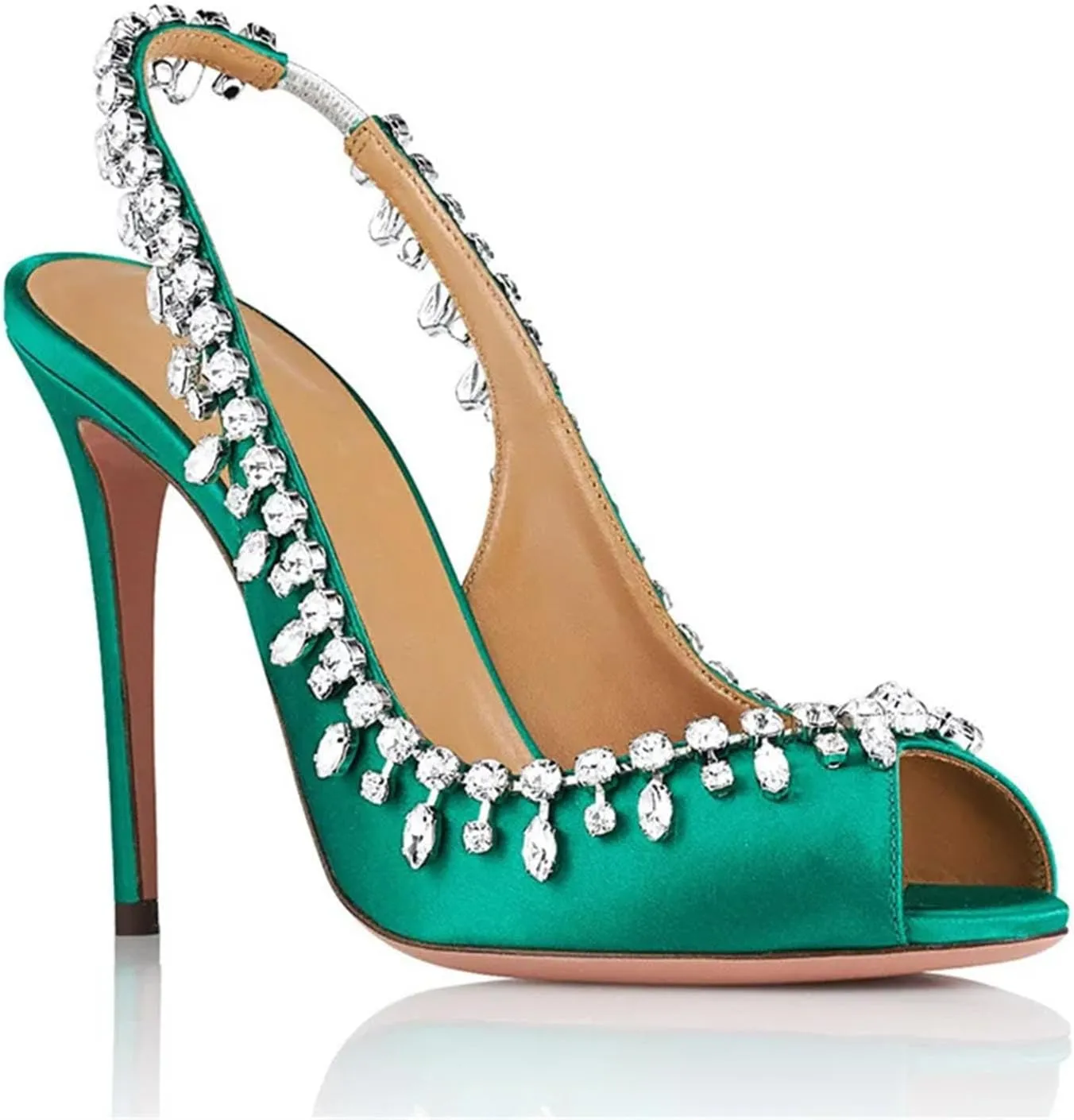 Women's Satin Crystal Strap Sandals, Slingback Stiletto Wedding Party Heels