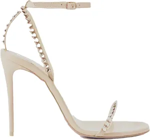 Women's Studded Leather Ankle Strap Sandals, Black Round Toe Stiletto Summer Heels