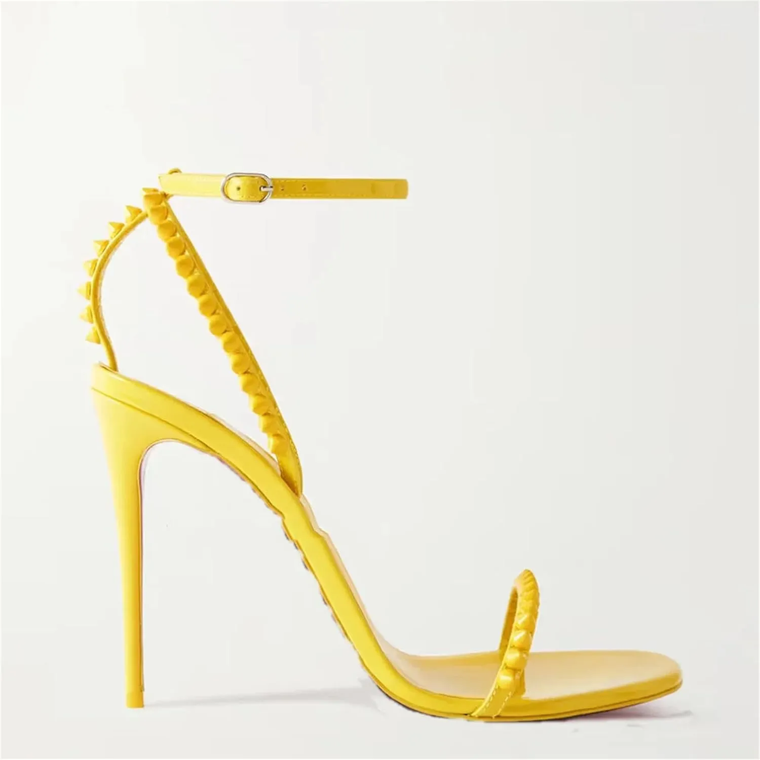 Women's Studded Leather Ankle Strap Sandals, Black Round Toe Stiletto Summer Heels