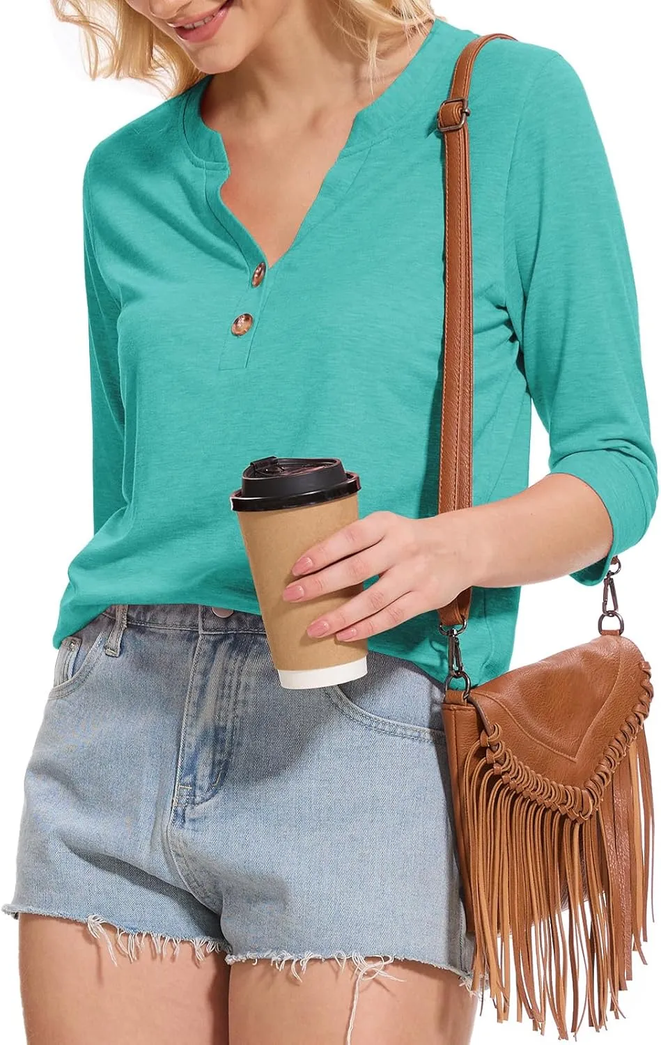 Womens Tops 3/4 Sleeve V Neck Button Down Shirts Business Casual Outfit Basic Tees Summer Top 2025