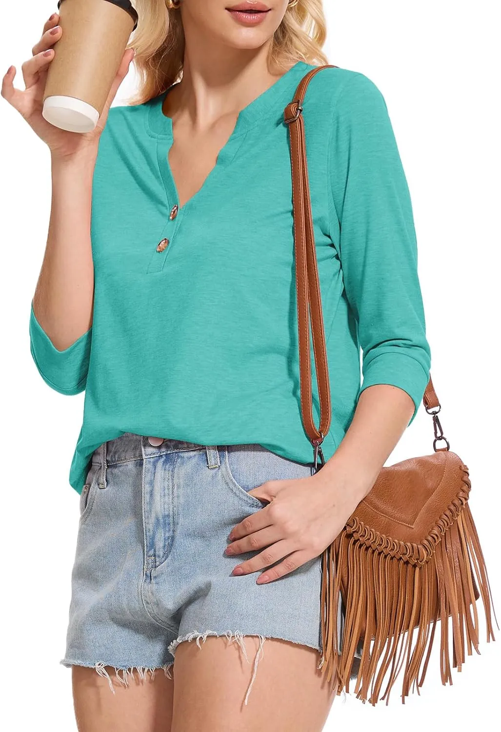 Womens Tops 3/4 Sleeve V Neck Button Down Shirts Business Casual Outfit Basic Tees Summer Top 2025