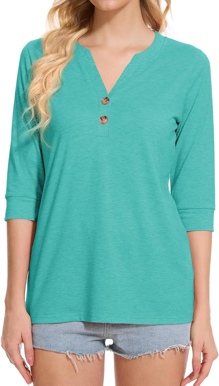 Womens Tops 3/4 Sleeve V Neck Button Down Shirts Business Casual Outfit Basic Tees Summer Top 2025