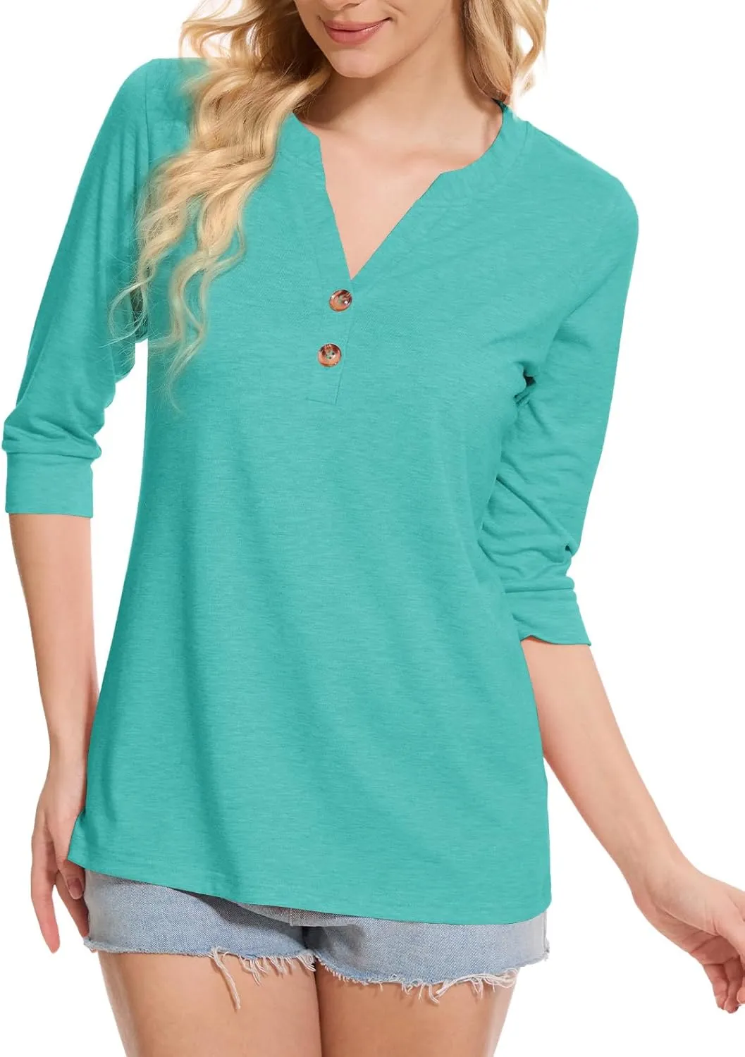Womens Tops 3/4 Sleeve V Neck Button Down Shirts Business Casual Outfit Basic Tees Summer Top 2025