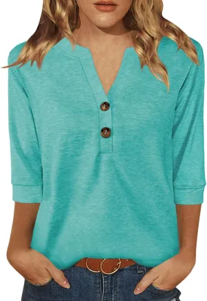 Womens Tops 3/4 Sleeve V Neck Button Down Shirts Business Casual Outfit Basic Tees Summer Top 2025