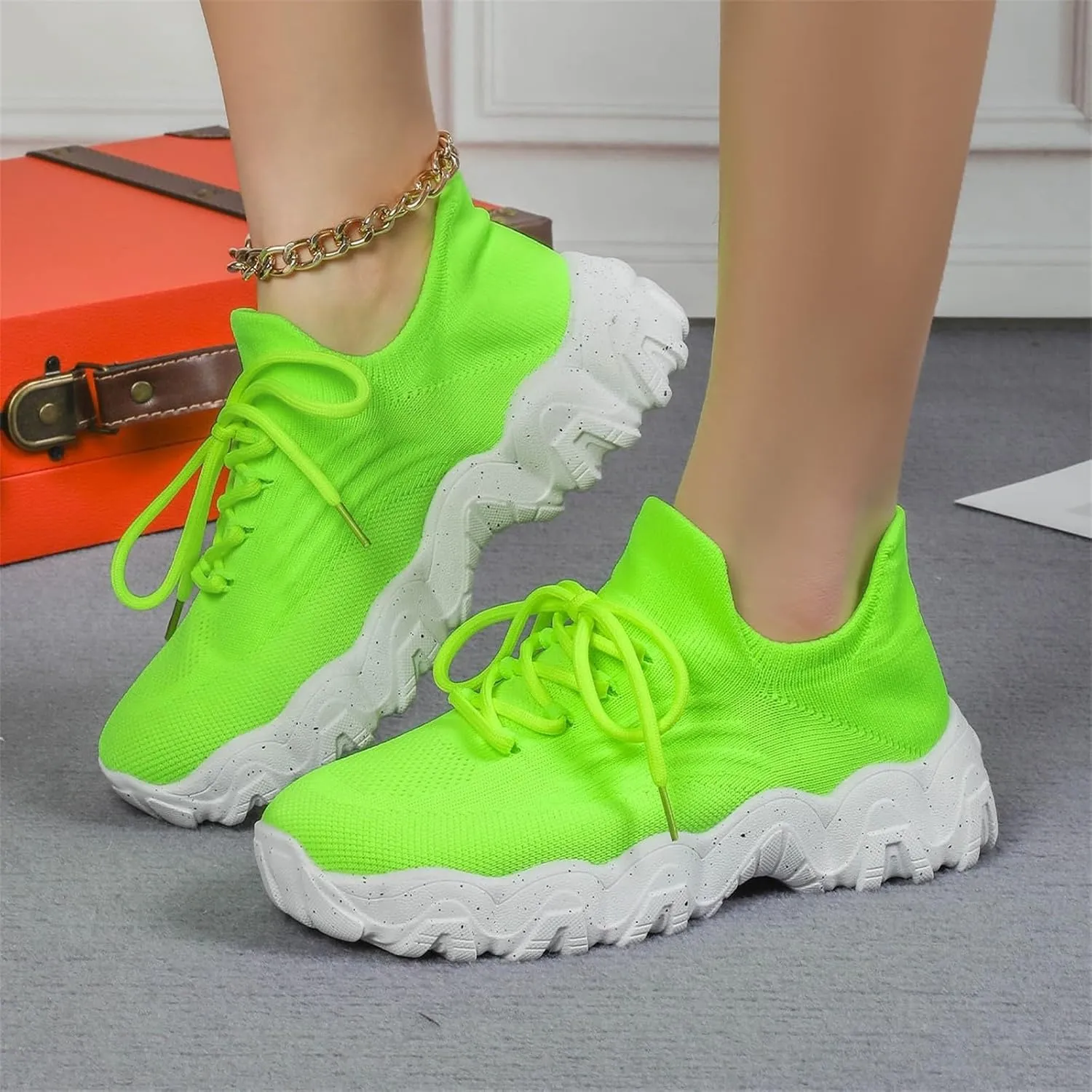 Woven Sneakers for Women Lace-up Breathable Thick Sole Walking Running Shoes Comfortable Tennis Shoes Non Slip Casual Womens Sneakers with Arch Support