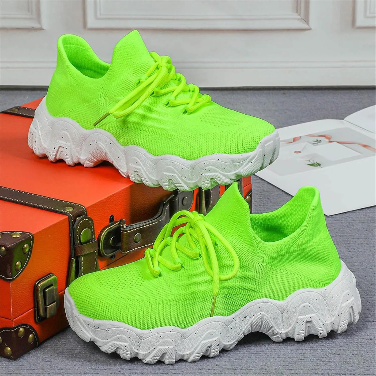 Woven Sneakers for Women Lace-up Breathable Thick Sole Walking Running Shoes Comfortable Tennis Shoes Non Slip Casual Womens Sneakers with Arch Support