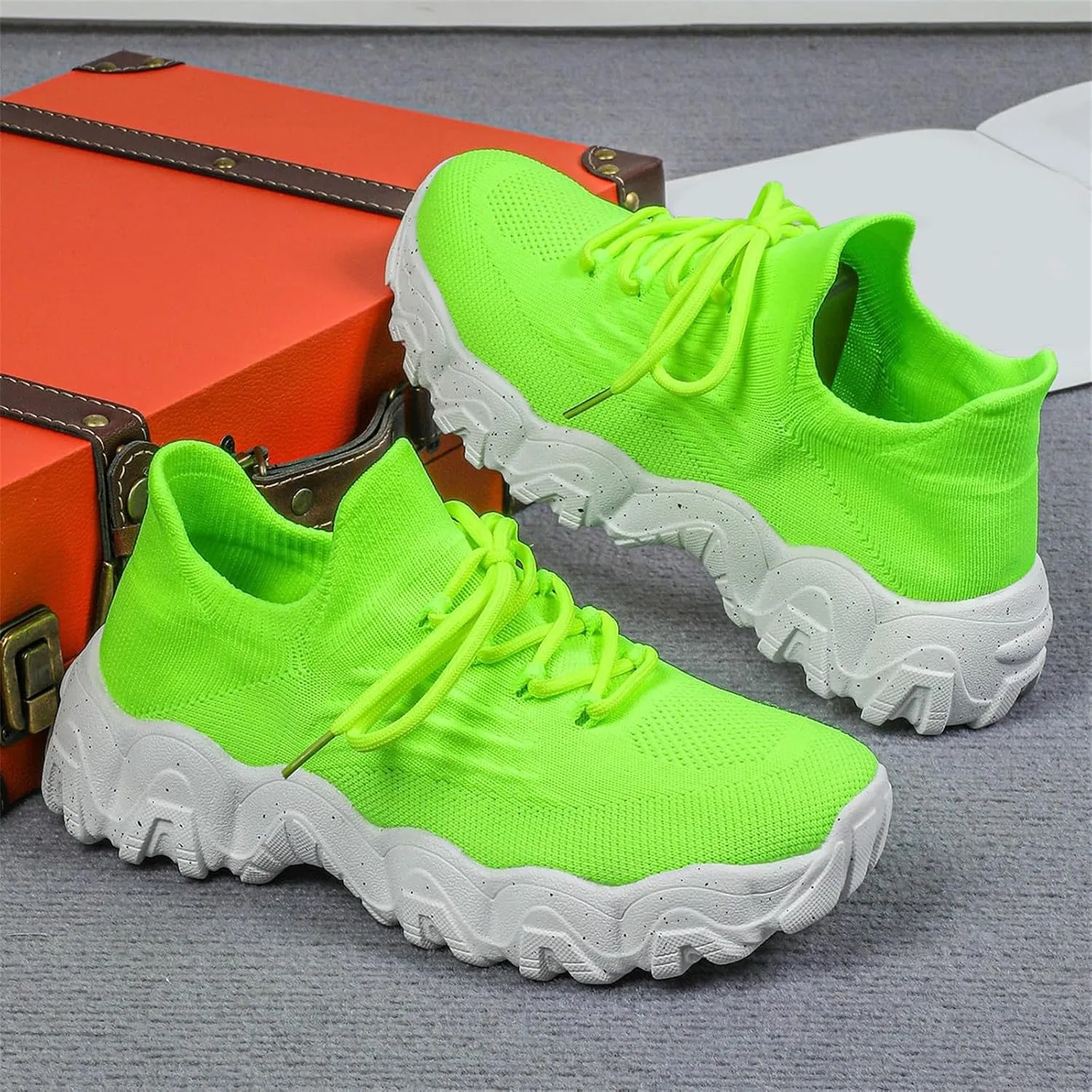 Woven Sneakers for Women Lace-up Breathable Thick Sole Walking Running Shoes Comfortable Tennis Shoes Non Slip Casual Womens Sneakers with Arch Support