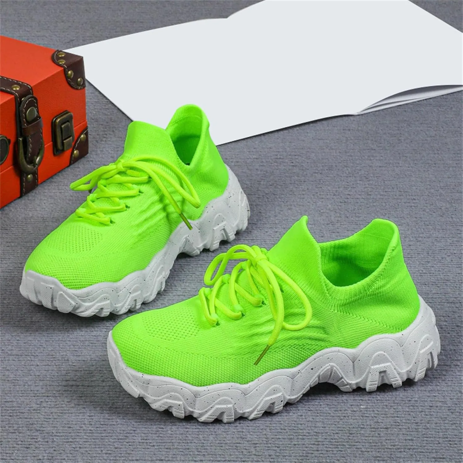 Woven Sneakers for Women Lace-up Breathable Thick Sole Walking Running Shoes Comfortable Tennis Shoes Non Slip Casual Womens Sneakers with Arch Support