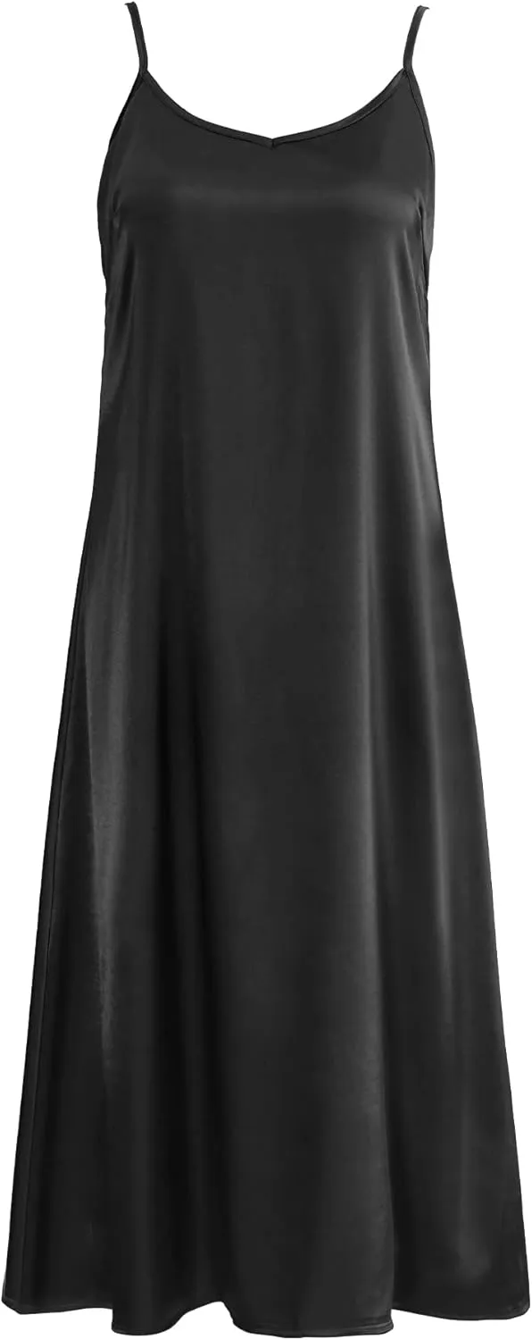 Xintianji Women's Basic Satin Silky Full Slip Midi Loose Dress with V-Neck Sexy Cami Adjustable Strap Wear Nightgown Dresses
