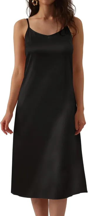 Xintianji Women's Basic Satin Silky Full Slip Midi Loose Dress with V-Neck Sexy Cami Adjustable Strap Wear Nightgown Dresses