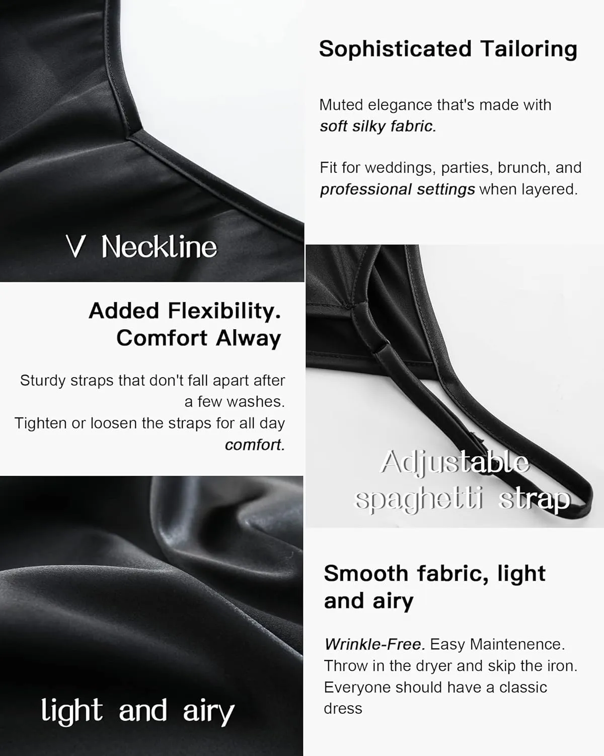Xintianji Women's Basic Satin Silky Full Slip Midi Loose Dress with V-Neck Sexy Cami Adjustable Strap Wear Nightgown Dresses