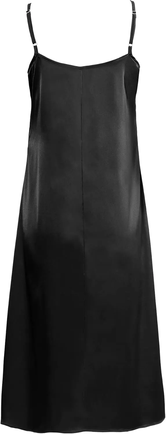 Xintianji Women's Basic Satin Silky Full Slip Midi Loose Dress with V-Neck Sexy Cami Adjustable Strap Wear Nightgown Dresses