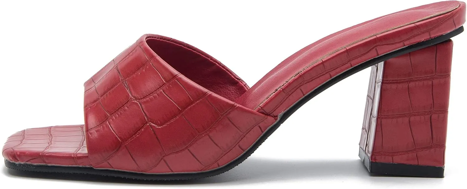 YooPrettyz Womens Slide Shoes Chunky Block Heels Thong Strap Summer Slip Ons Crocodile Retro Square Toe Mule Sandals