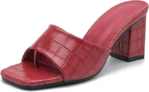 YooPrettyz Womens Slide Shoes Chunky Block Heels Thong Strap Summer Slip Ons Crocodile Retro Square Toe Mule Sandals