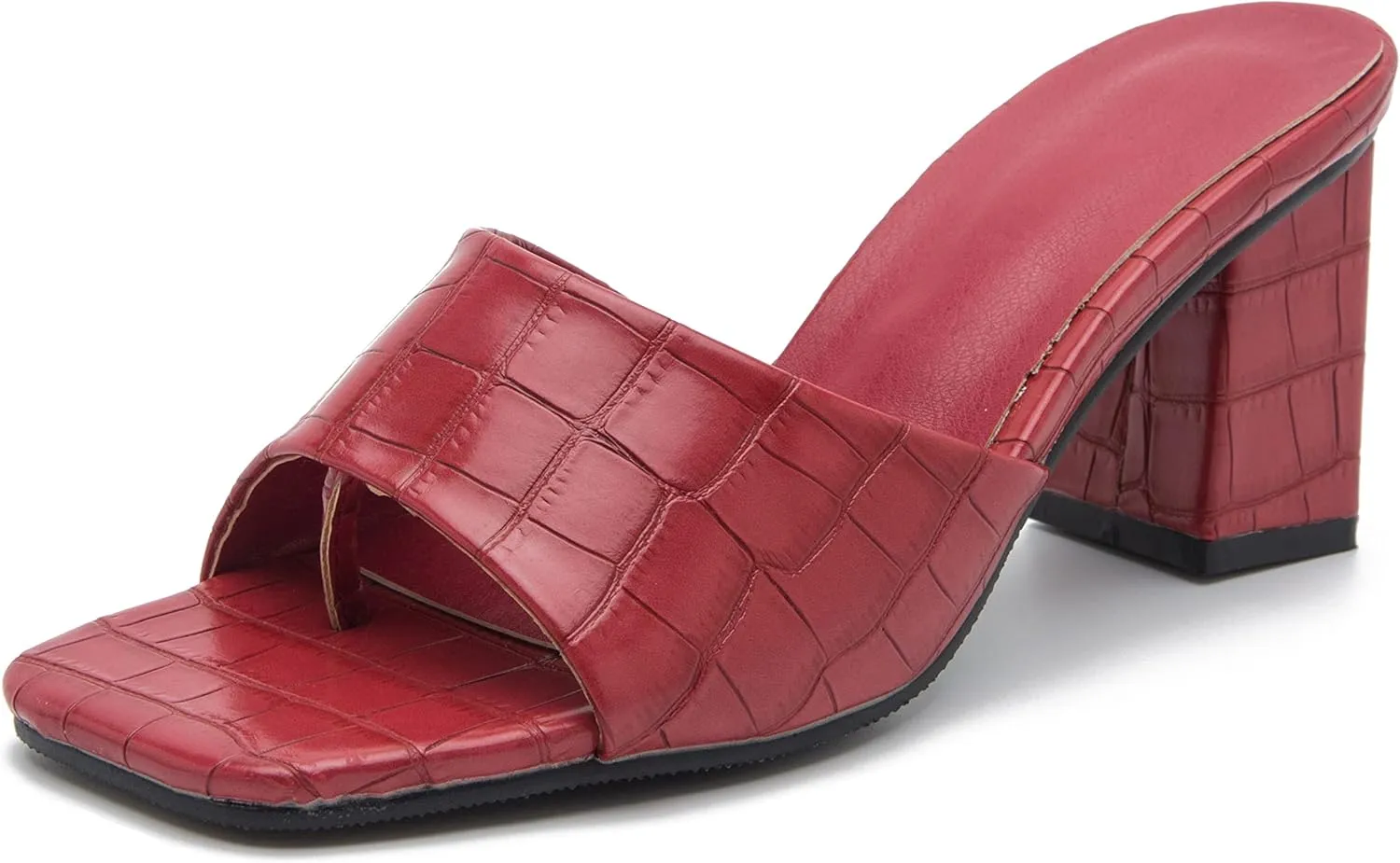 YooPrettyz Womens Slide Shoes Chunky Block Heels Thong Strap Summer Slip Ons Crocodile Retro Square Toe Mule Sandals