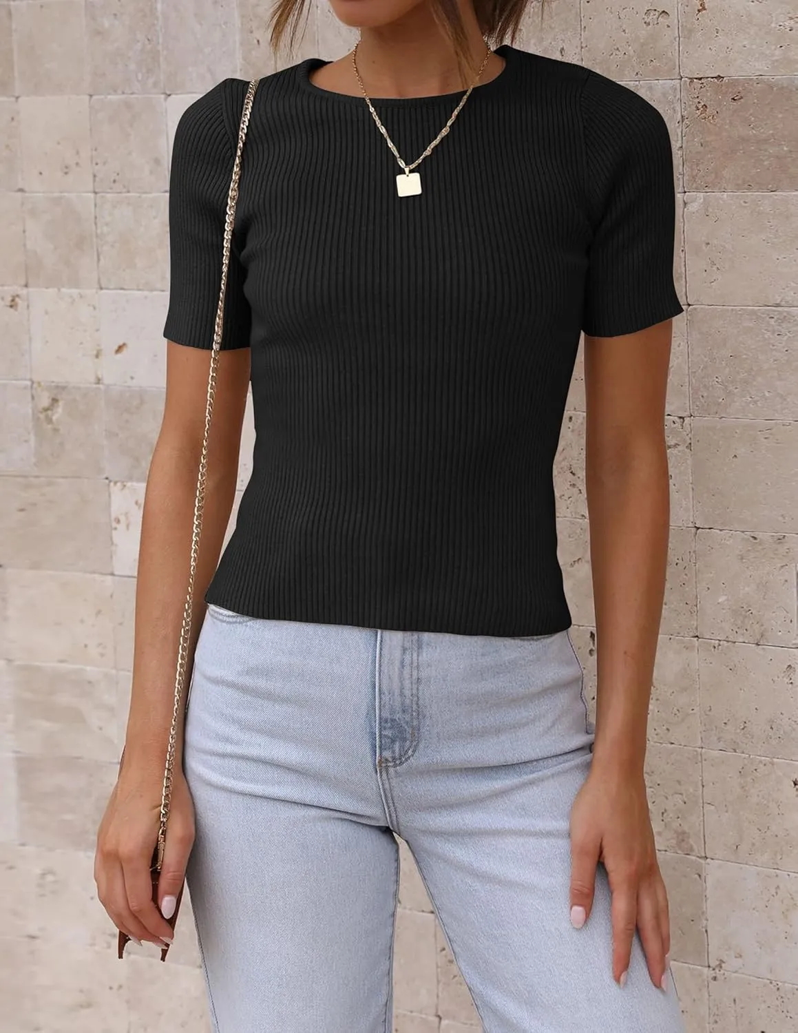 ZESICA Women's Short Sleeve Crewneck T Shirt 2025 Summer Ribbed Knit Slim Fit Basic Solid Color Tee Tops