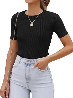 ZESICA Women's Short Sleeve Crewneck T Shirt 2025 Summer Ribbed Knit Slim Fit Basic Solid Color Tee Tops