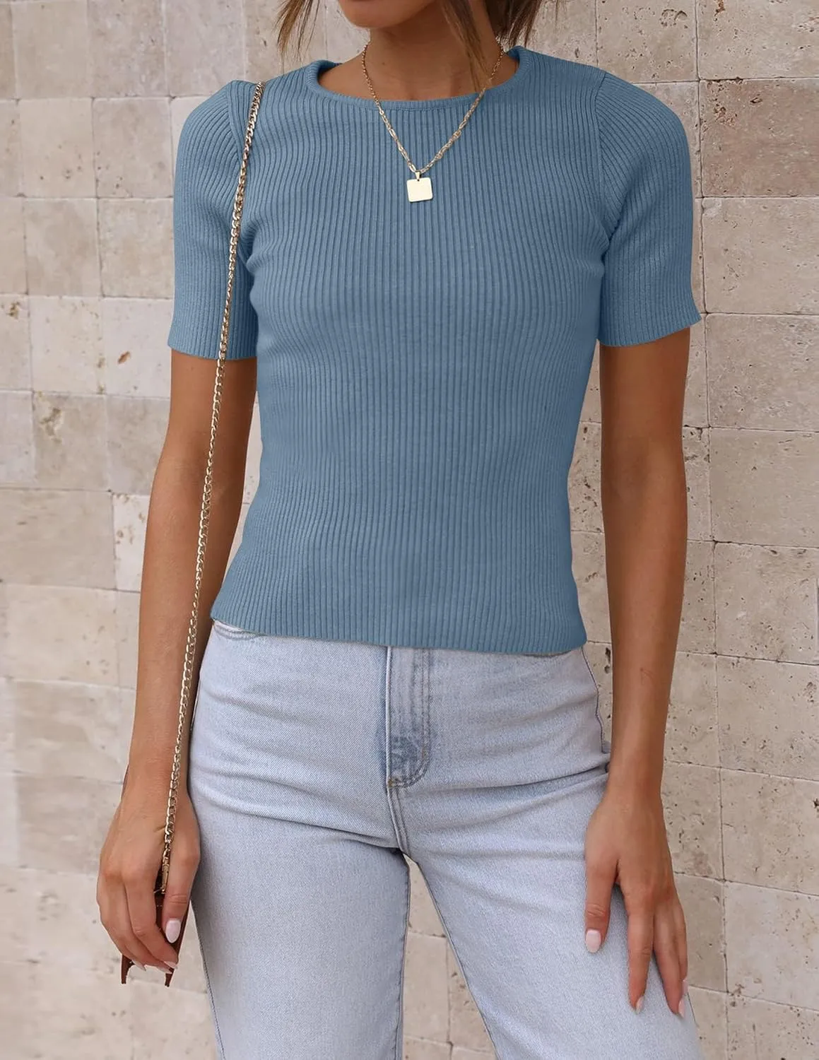 ZESICA Women's Short Sleeve Crewneck T Shirt 2025 Summer Ribbed Knit Slim Fit Basic Solid Color Tee Tops