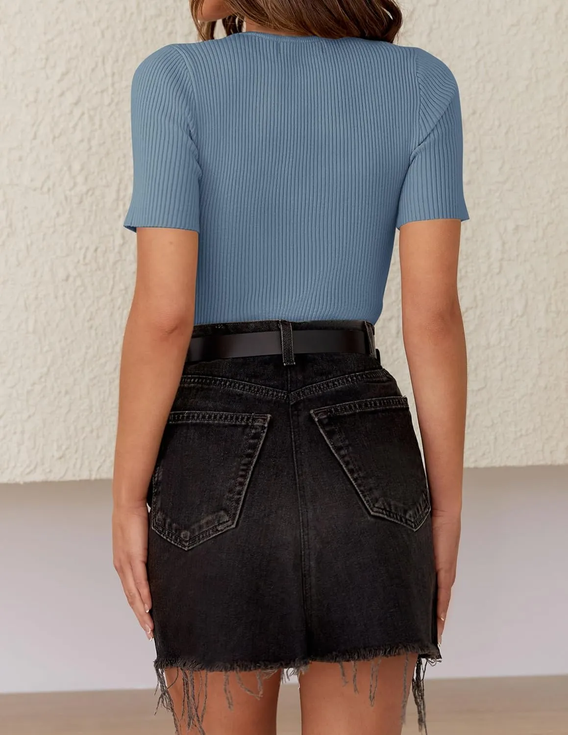 ZESICA Women's Short Sleeve Crewneck T Shirt 2025 Summer Ribbed Knit Slim Fit Basic Solid Color Tee Tops