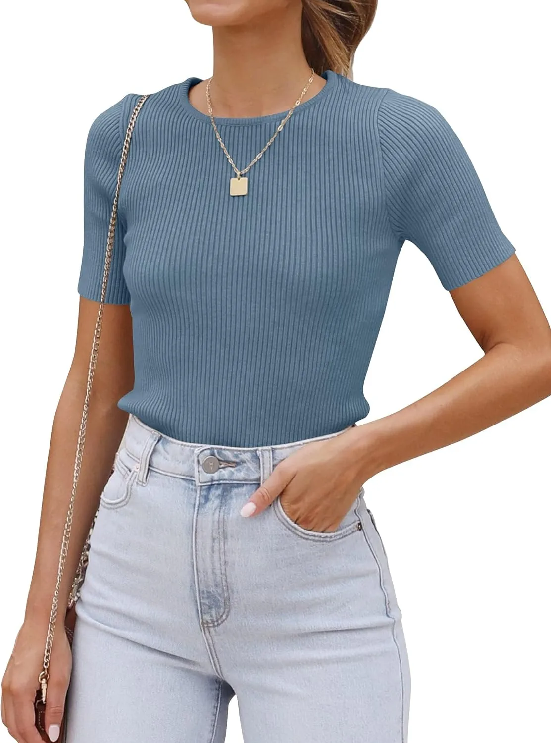 ZESICA Women's Short Sleeve Crewneck T Shirt 2025 Summer Ribbed Knit Slim Fit Basic Solid Color Tee Tops