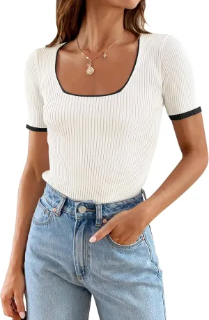 ZESICA Women's Short Sleeve Square Neck Color Block T Shirt 2025 Summer Slim Fit Ribbed Knit Basic Tee Tops