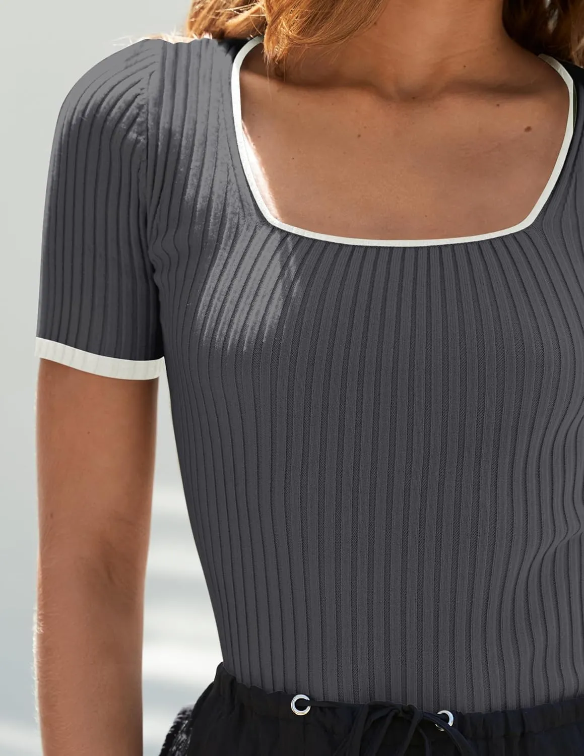 ZESICA Women's Short Sleeve Square Neck Color Block T Shirt 2025 Summer Slim Fit Ribbed Knit Basic Tee Tops