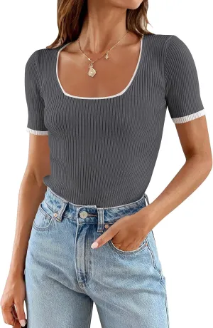 ZESICA Women's Short Sleeve Square Neck Color Block T Shirt 2025 Summer Slim Fit Ribbed Knit Basic Tee Tops
