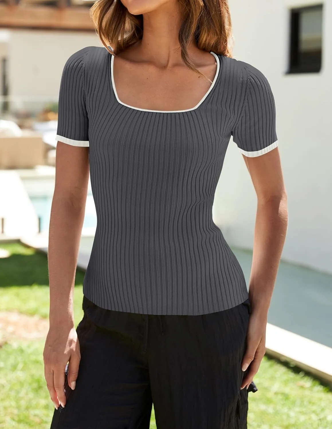 ZESICA Women's Short Sleeve Square Neck Color Block T Shirt 2025 Summer Slim Fit Ribbed Knit Basic Tee Tops